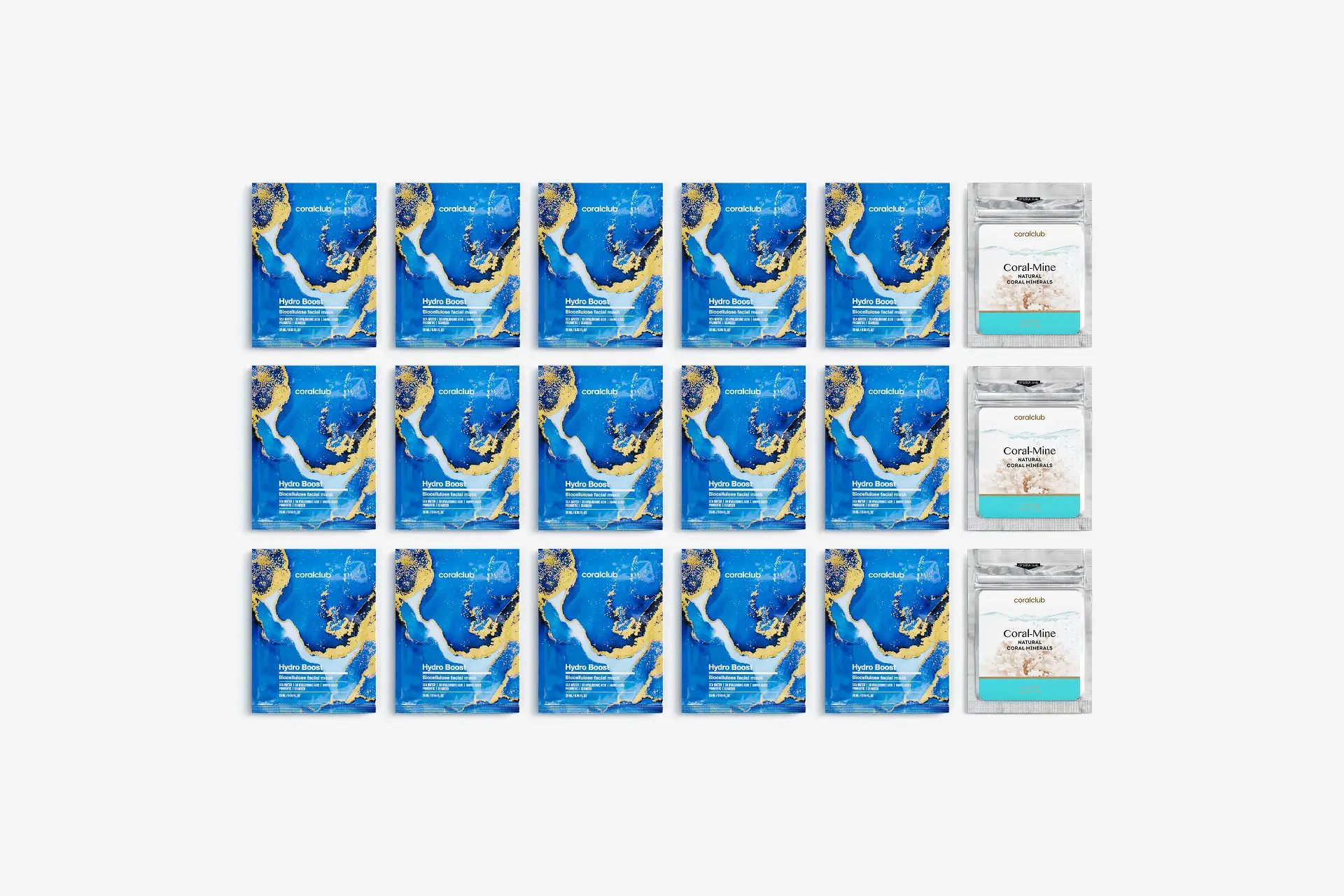 Hydro Boost Biocellulose facial mask, 25 ml, 15 Sachets + Coral-Mine, 30 sachets 1 g